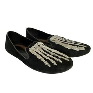 Mara & Mine Jem Skull Slippers Silver Embroidered Skeleton Suede Leather Flats